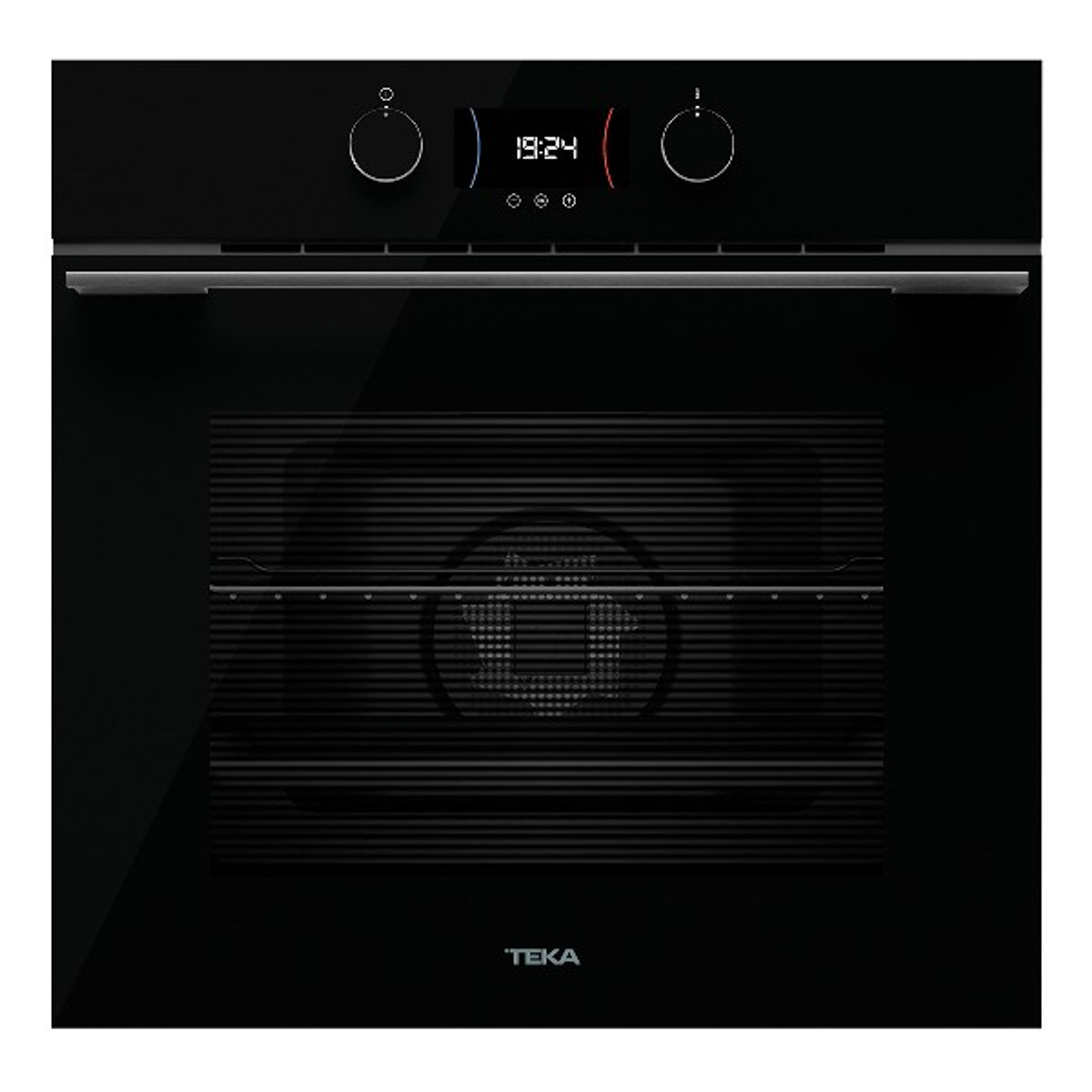 Czarny piekarnik z cyfrowym wyświetlaczem pokazującym godzinę.