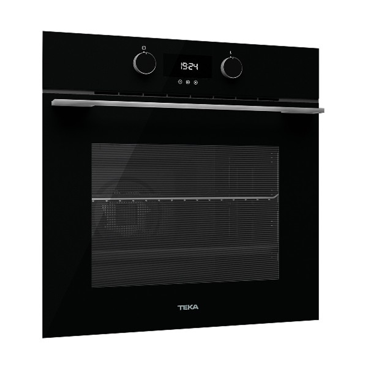 Czarne drzwi piekarnika Teka z wyświetlaczem cyfrowym pokazującym godzinę, z pokrętłami u góry.