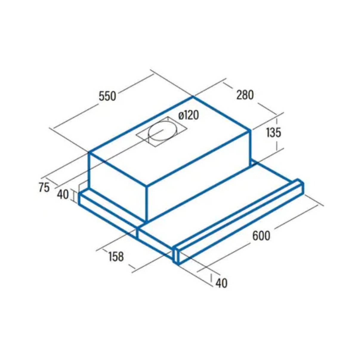 Vista isométrica de una campana extractora blanca con dimensiones indicadas en líneas azules.