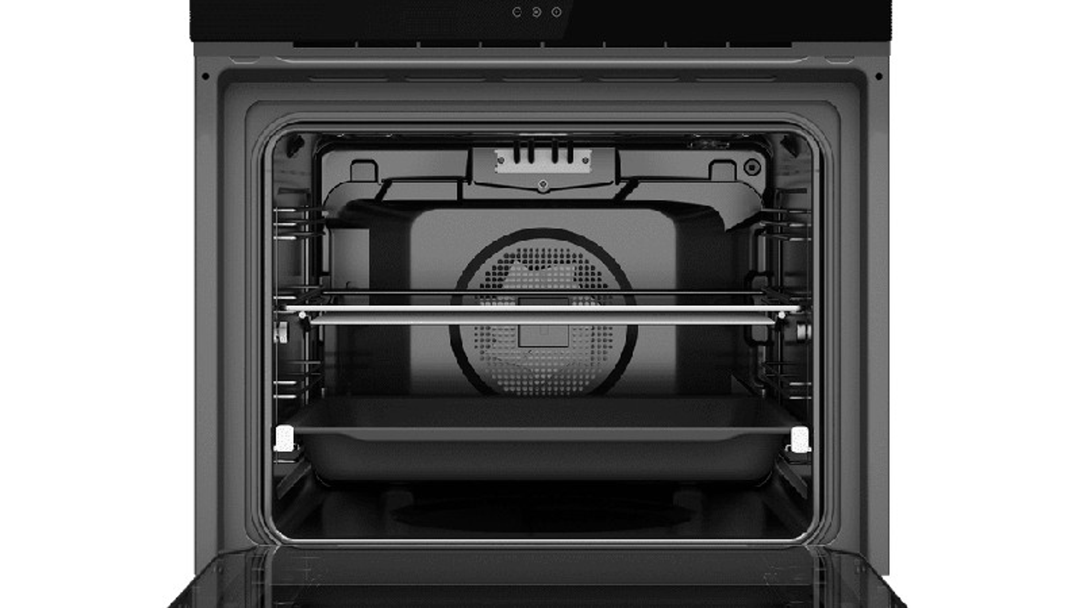 Wnętrze piekarnika z półkami i wentylatorem, otwarte drzwi.