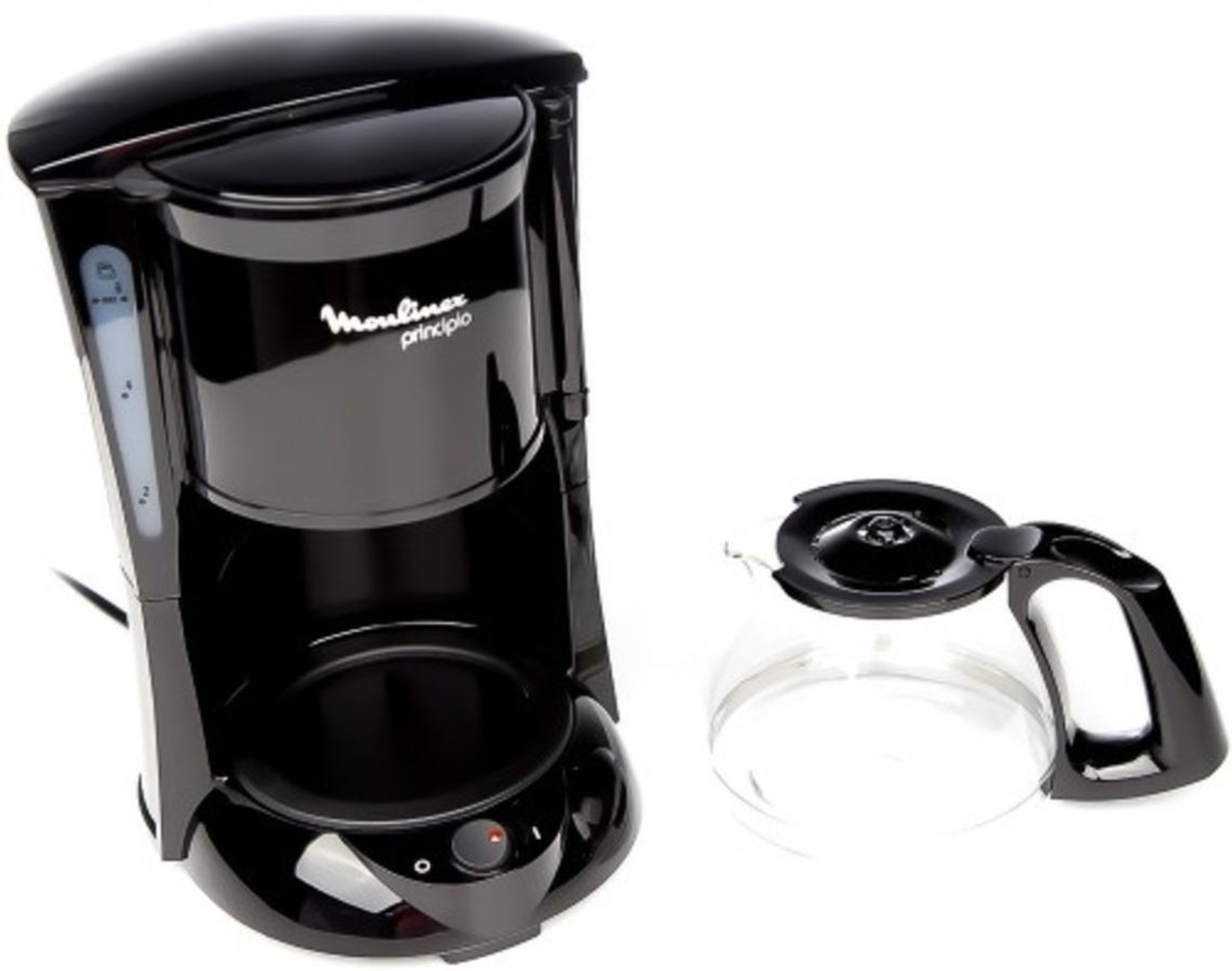 Czarny ekspres do kawy ze szklaną karafką. Karafka jest po prawej stronie.