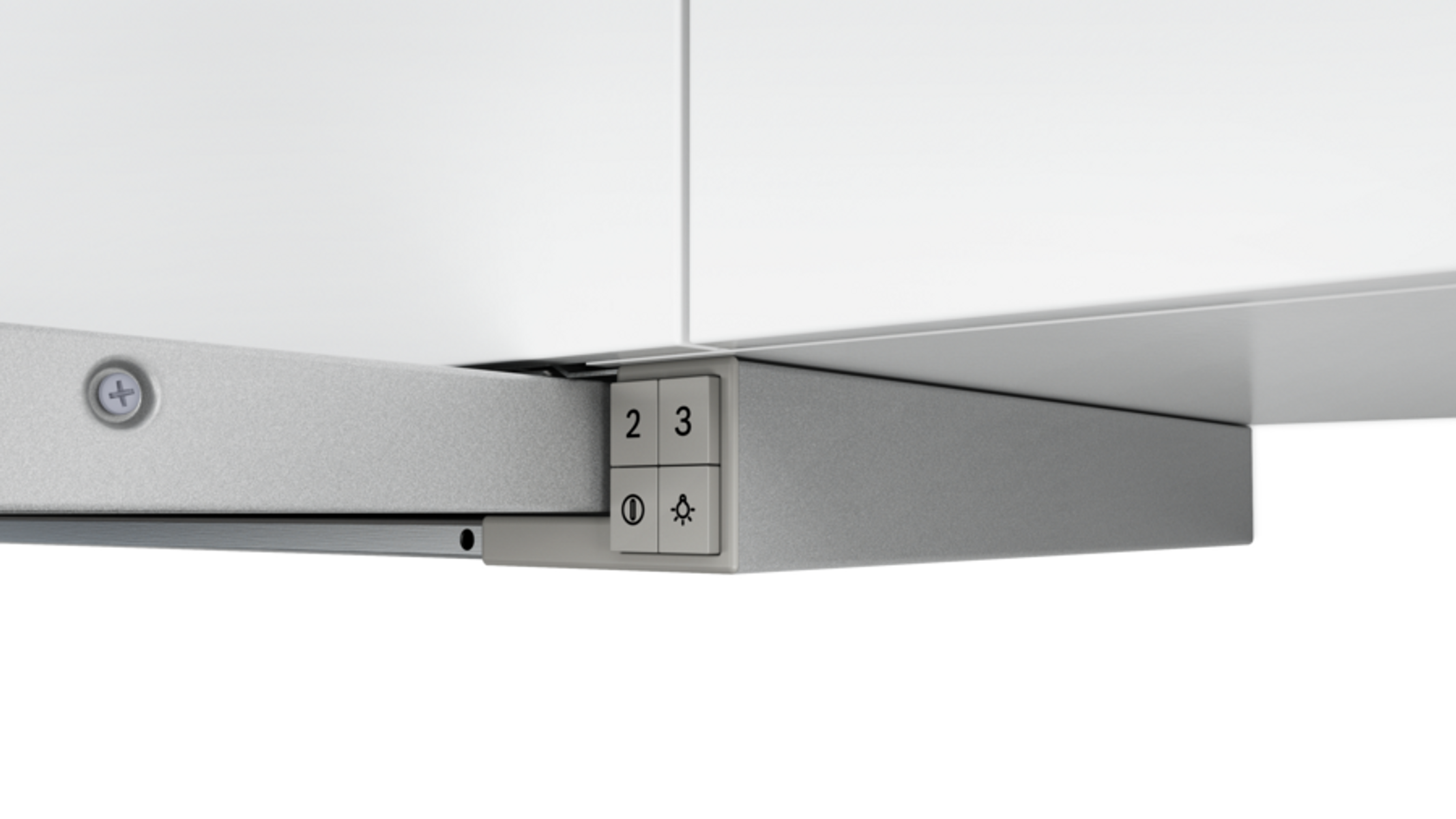 Zbliżenie panelu sterowania okapu z przyciskami do regulacji prędkości wentylatora i światła.