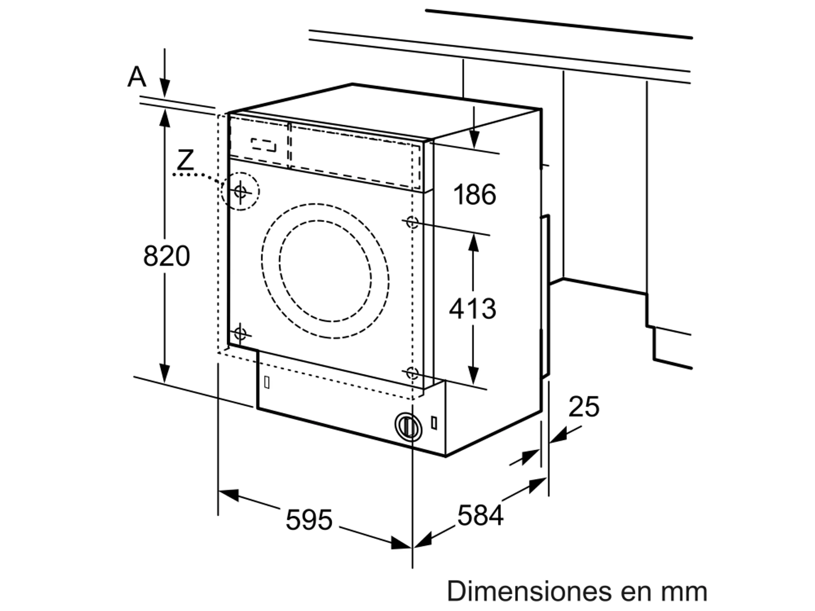 Schemat pralki z wymiarami w milimetrach.