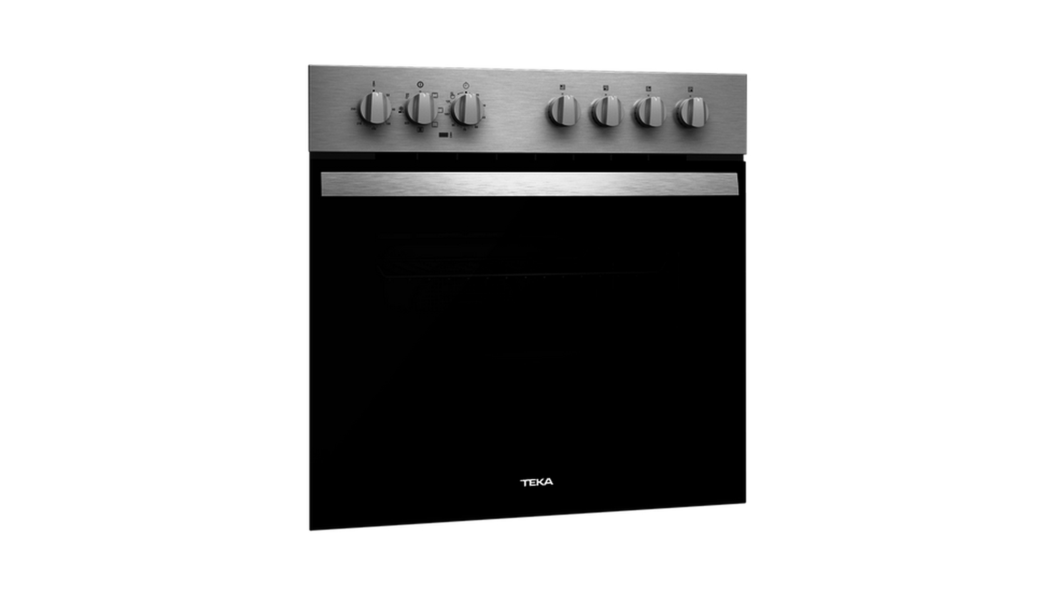 Horno de acero inoxidable con mandos arriba y puerta de cristal negra.