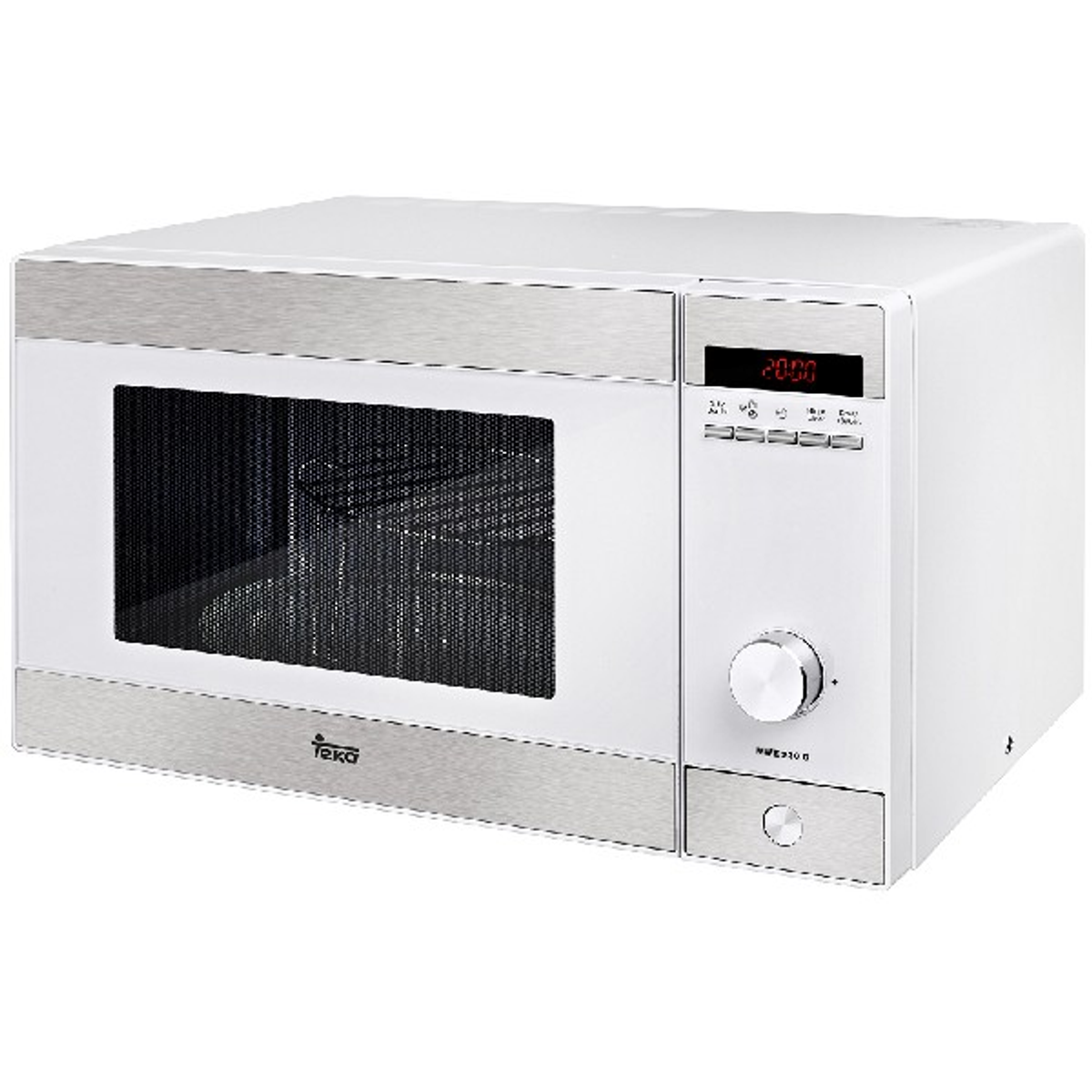 Microondas blanco con pantalla digital. Tiene una franja plateada. La marca Teka es visible.