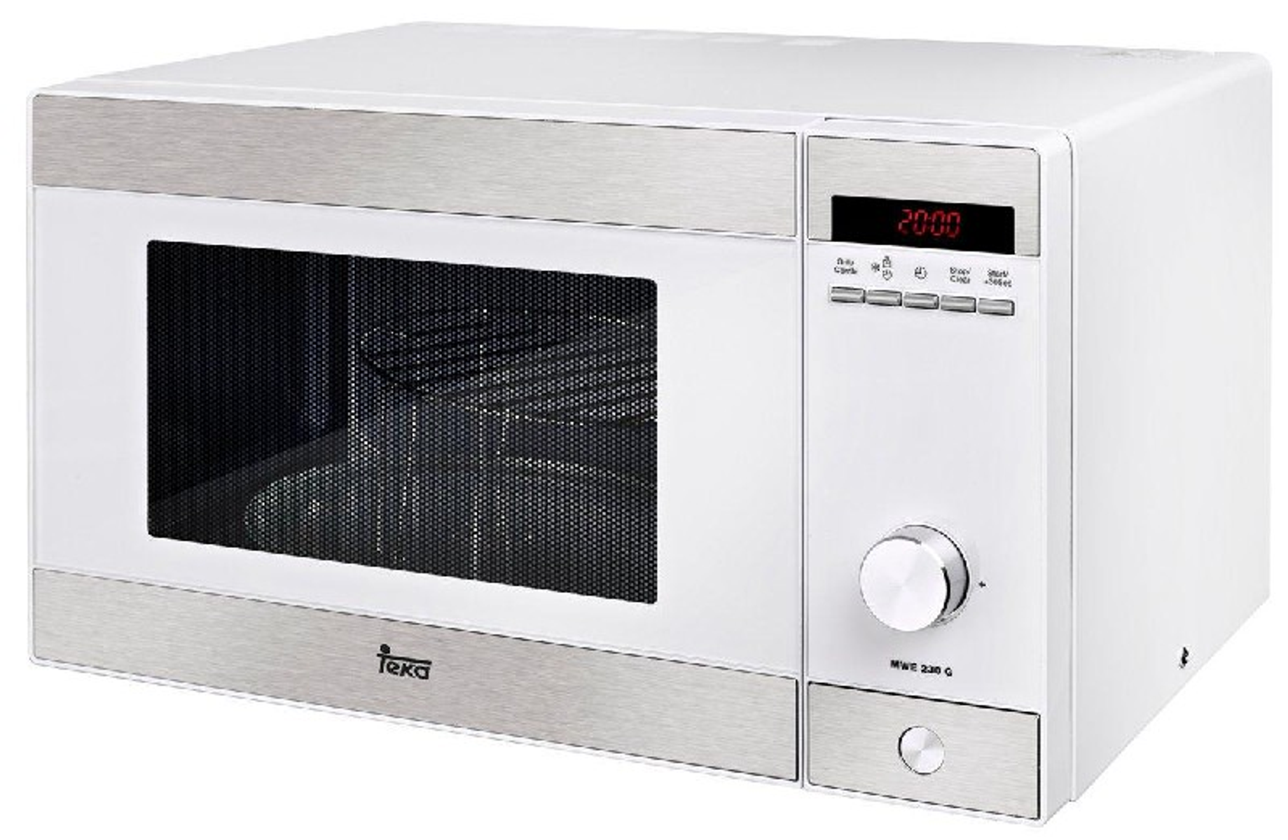 Un horno microondas blanco con frontal de acero inoxidable y panel de control.