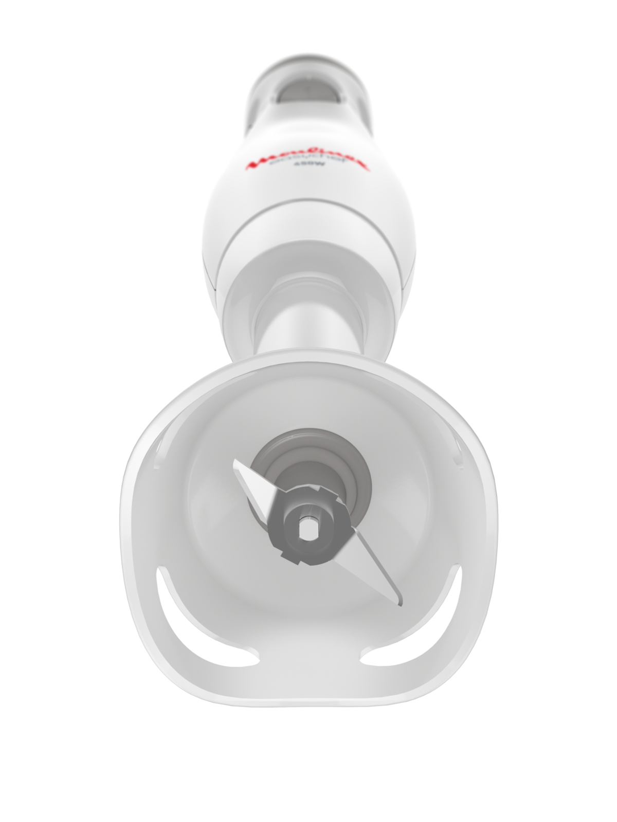 Biały blender ręczny z przezroczystą osłoną ostrza. Marka Moulinex.