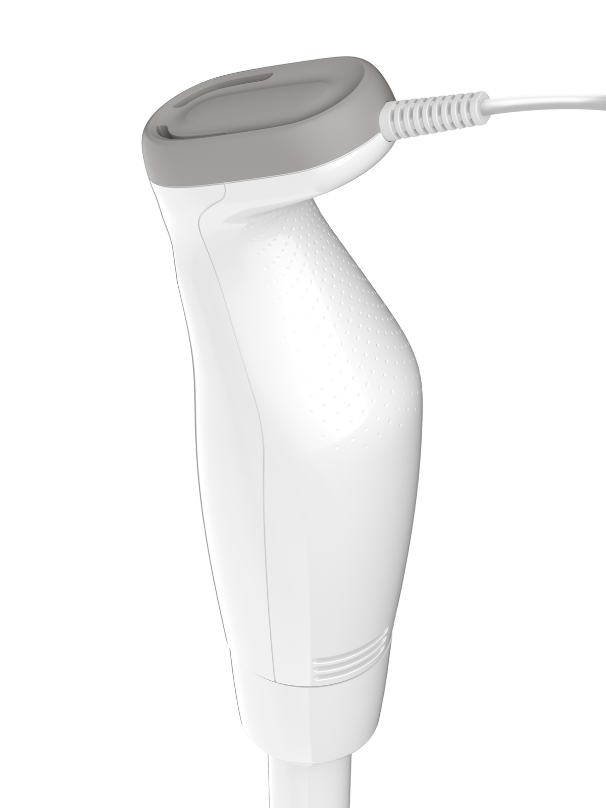 Biało-szary blender ręczny, z kablem.