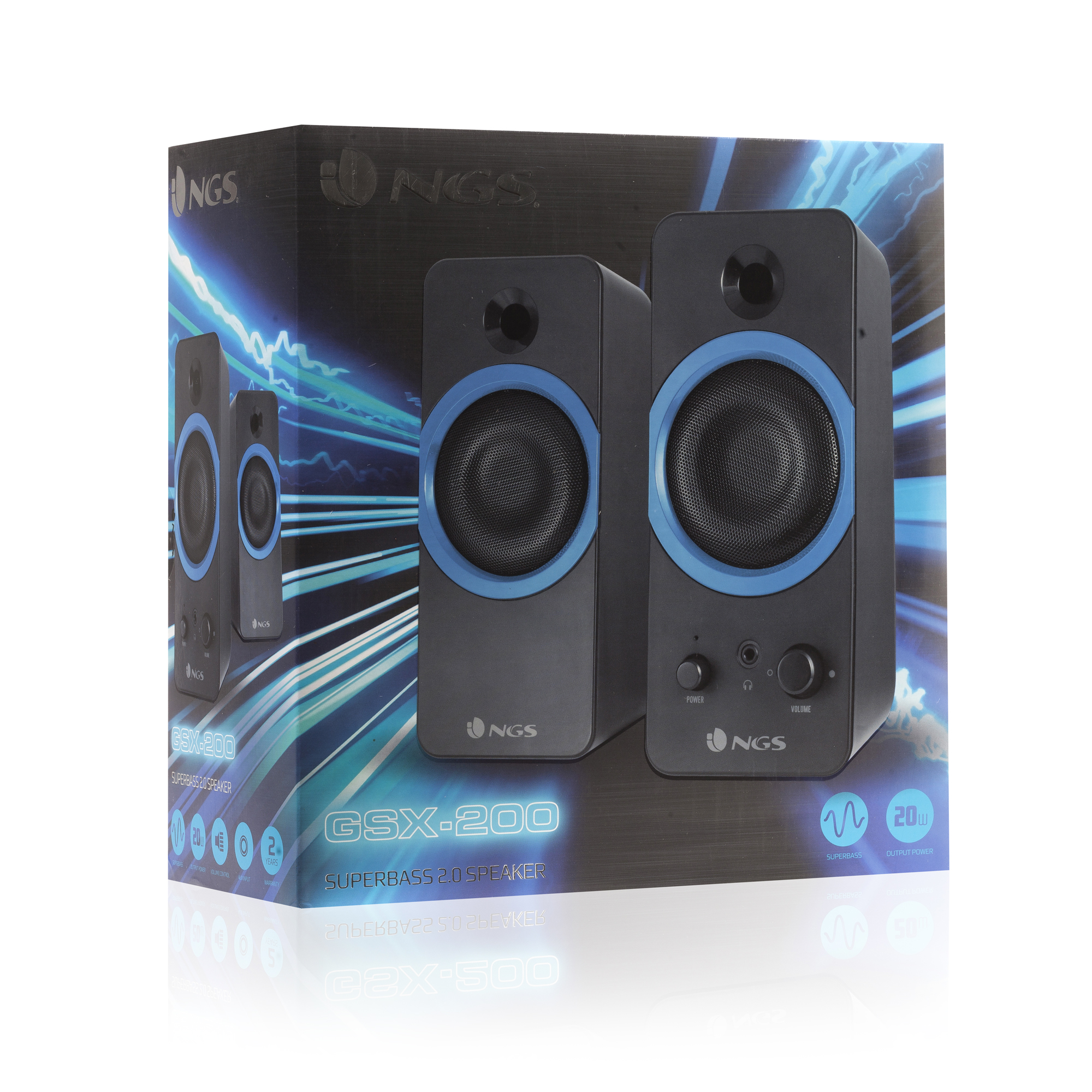 Dos altavoces de computadora negros con detalles azules. Los altavoces están en una caja.