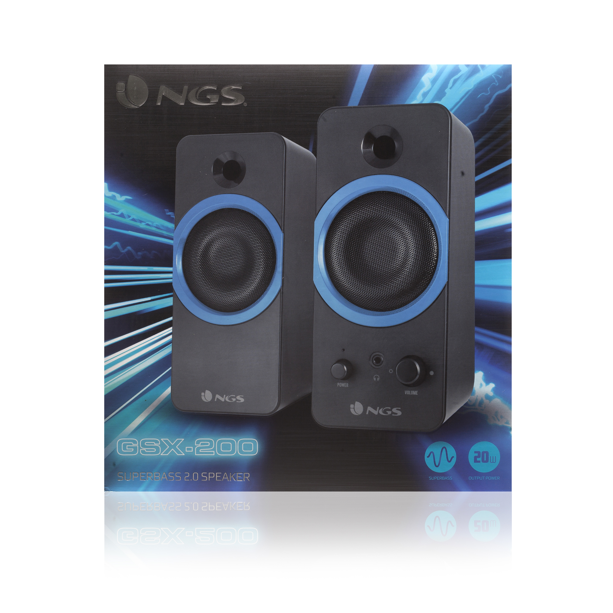 Dos altavoces negros con anillos azules. Texto: GSX-200 Superbass 2.0 Altavoz.