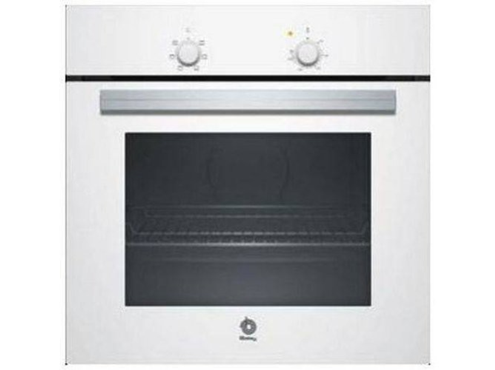 Un horno empotrado blanco con mandos y un asa.