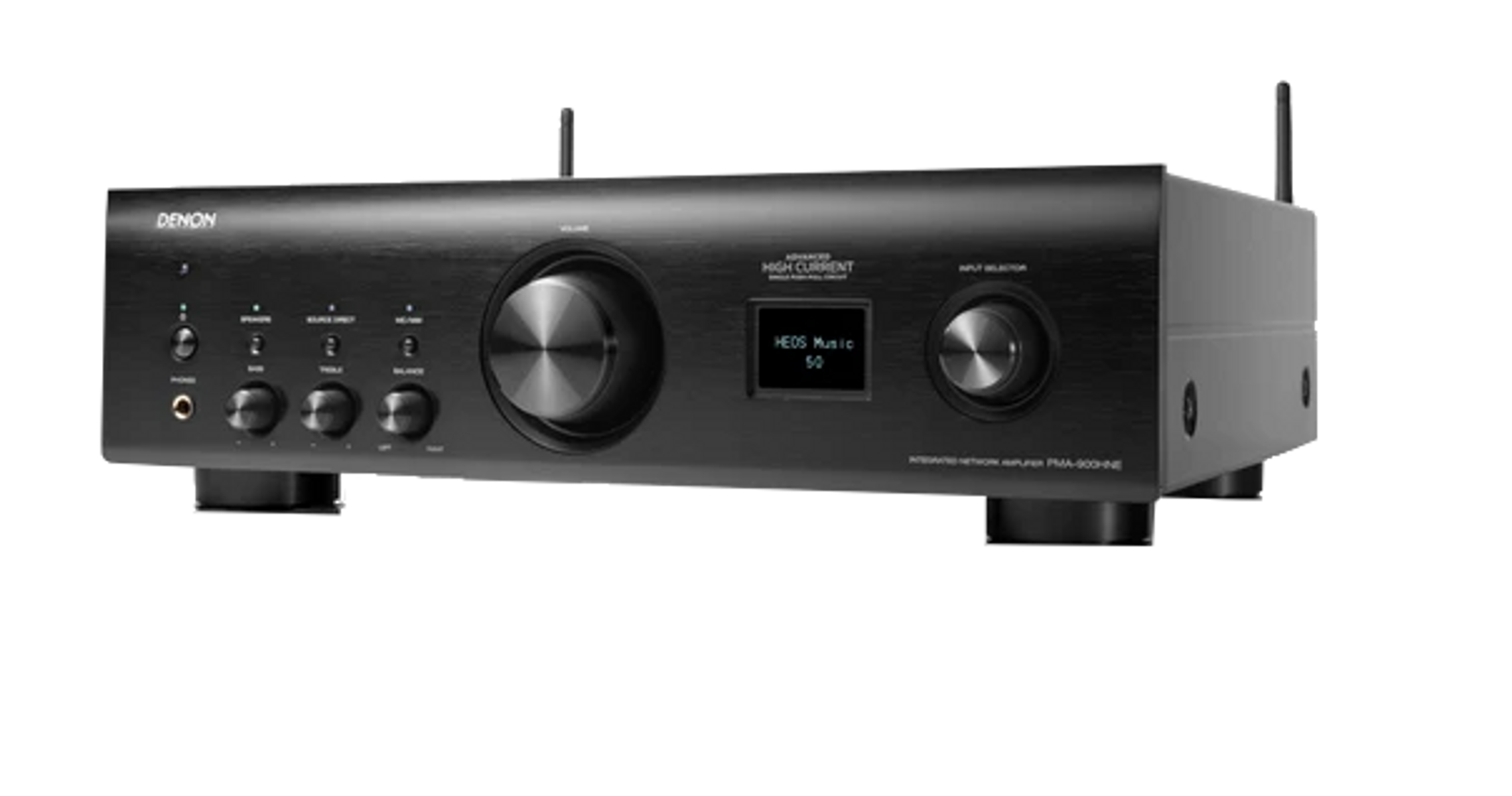 Schwarzer Denon-Verstärker mit Knöpfen und Display. Er hat zwei Antennen oben.