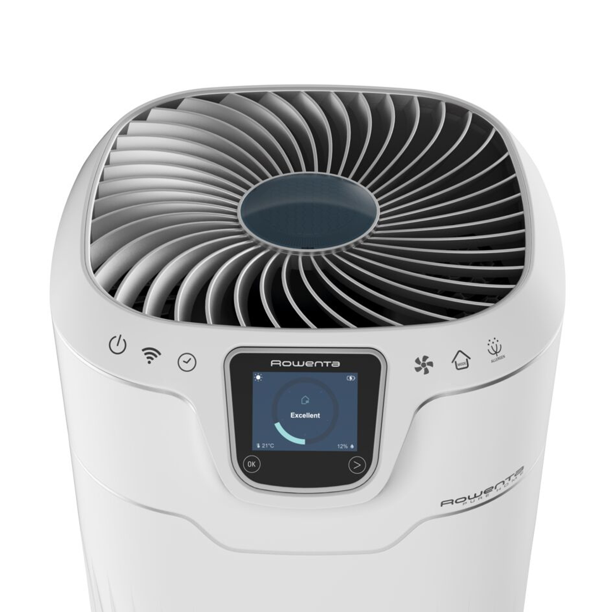 Un purificatore d'aria bianco con schermo, con ventola e indicatore della qualità dell'aria.