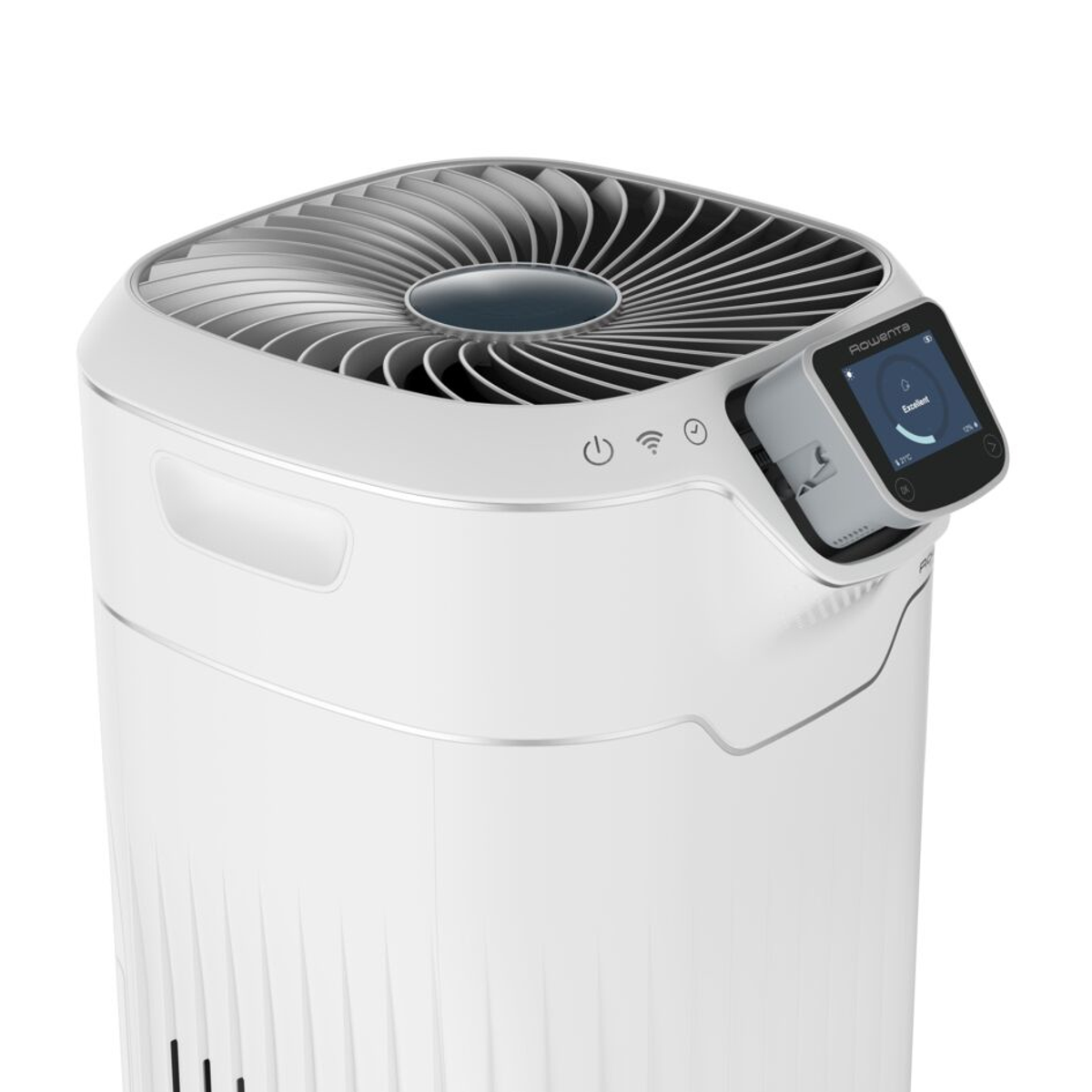 Purificatore d'aria bianco con schermo, presa d'aria superiore e finiture argentate.