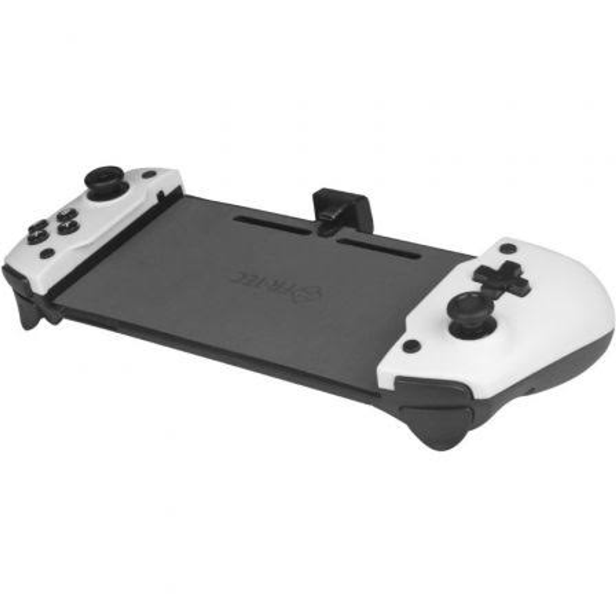 Schwarz-weißes Gamepad für ein Mobiltelefon, schräge Ansicht.