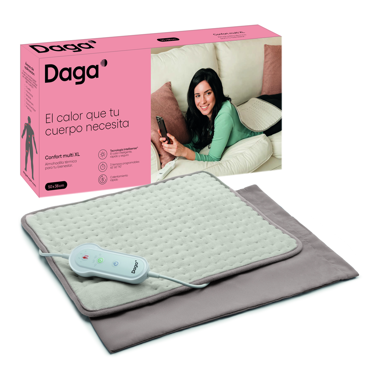 Mujer usando almohadilla térmica, con caja. Muestra el producto.