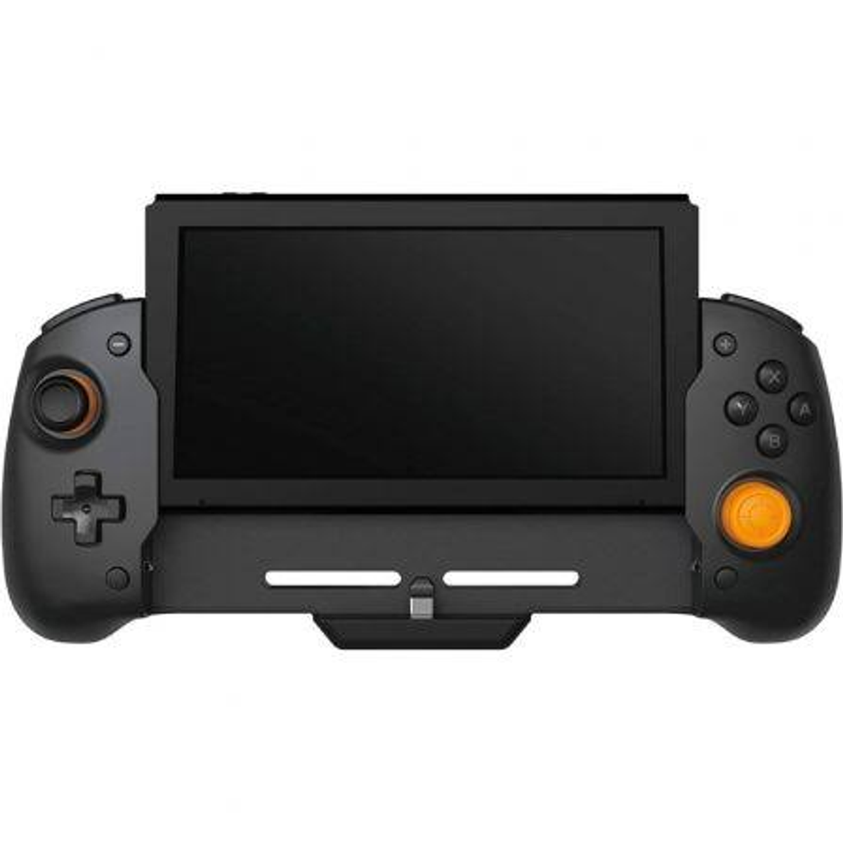 Schwarzes Gamepad mit Bildschirm. Knöpfe und Joystick sichtbar.