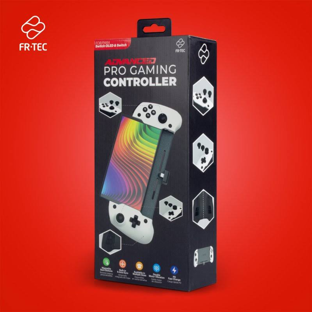 Spielcontroller-Box, roter Hintergrund, Controller-Illustration, erweiterter Gaming-Controller.