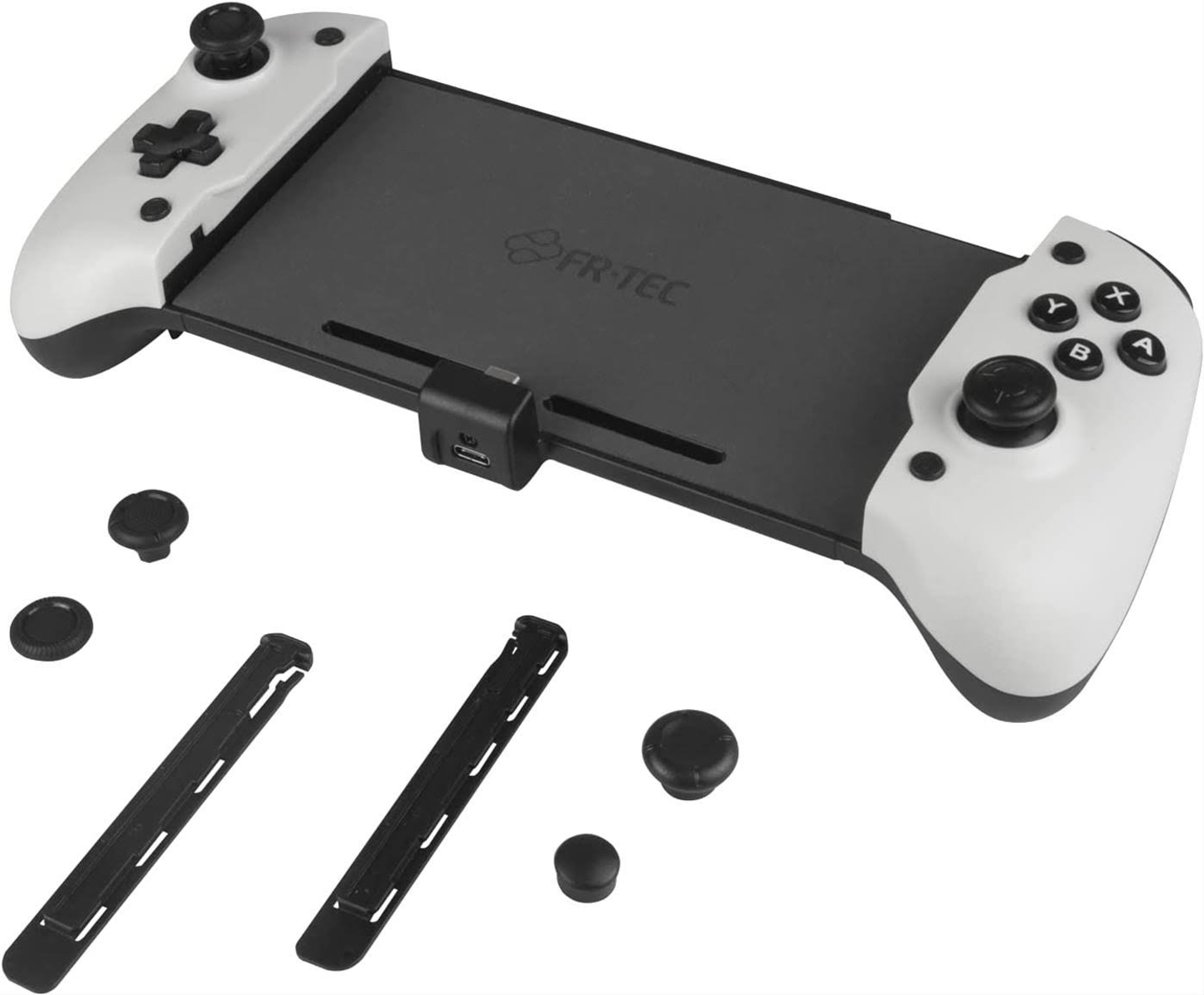Weiß-schwarzer Gamepad-Controller mit Zubehör, von oben betrachtet.