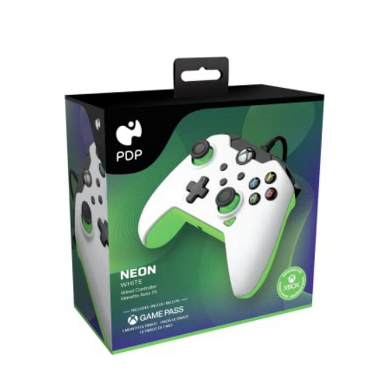 Boîte de manette de jeu, manette blanche avec détails verts.