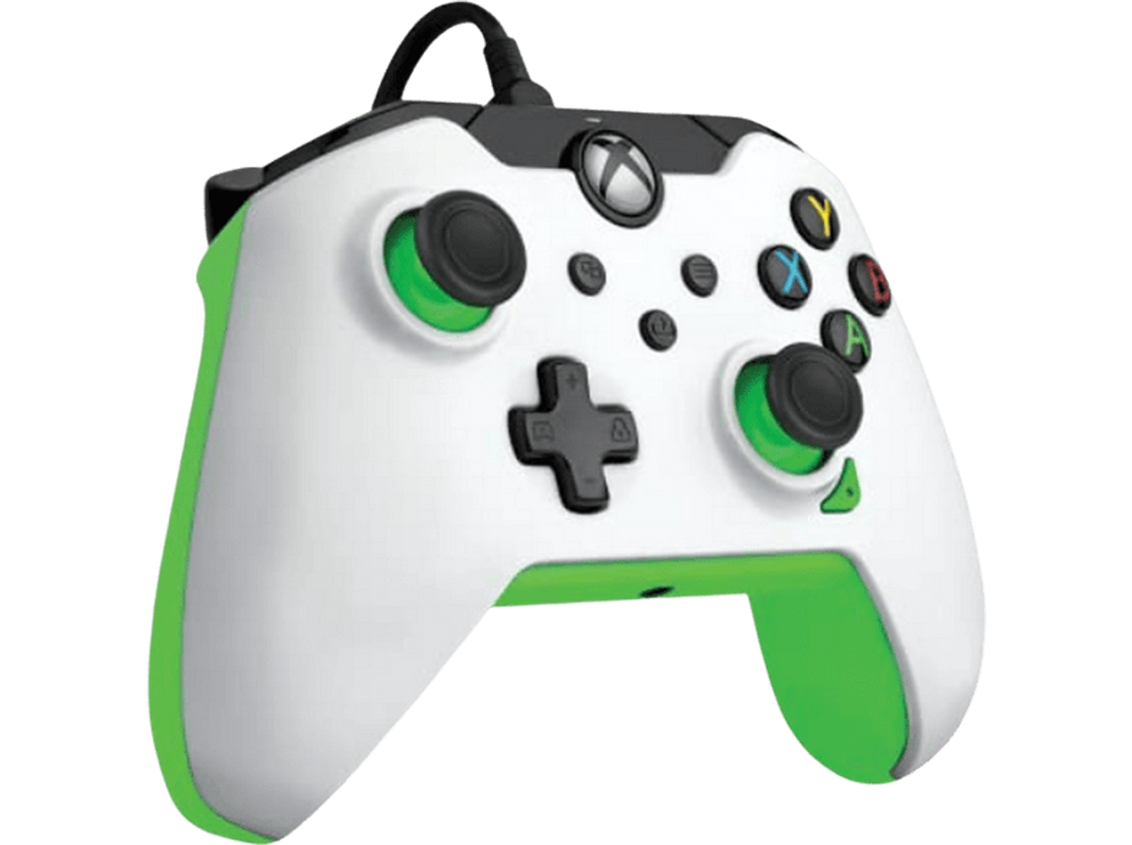 Manette Xbox blanche et verte avec boutons noirs, croix directionnelle et gâchettes. Câble noir.
