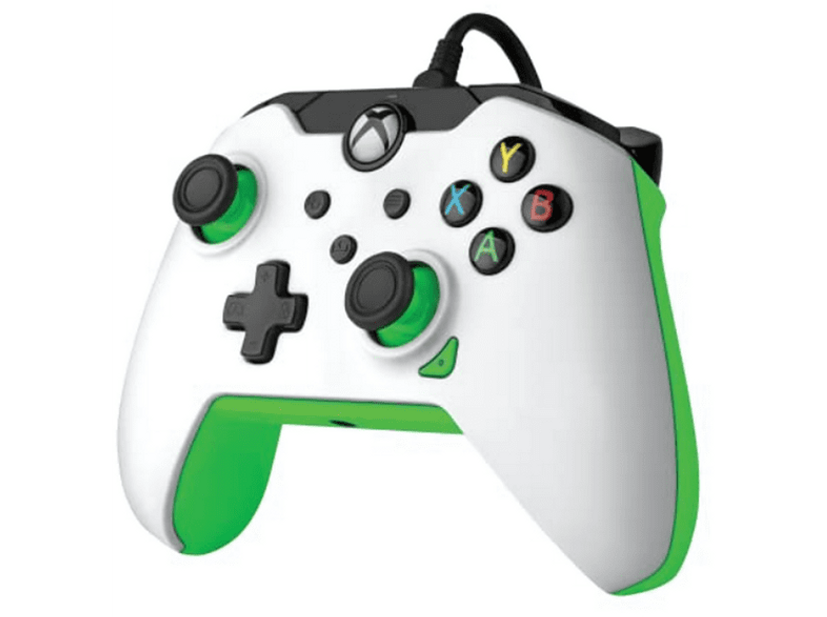 Manette Xbox blanche et verte avec des boutons.