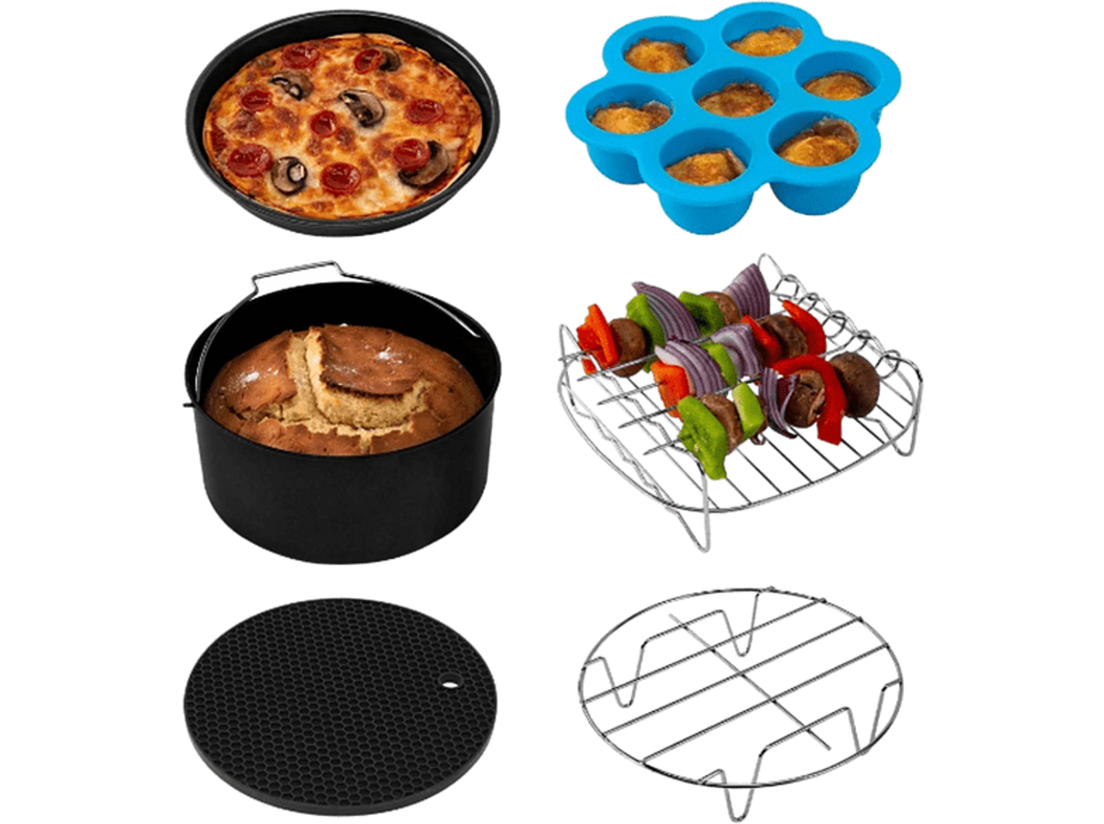 Verschiedenes Zubehör für die Heißluftfritteuse mit gekochten Speisen.