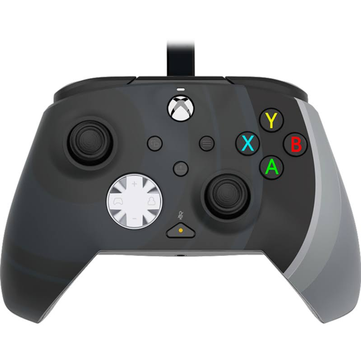 Un mando de Xbox con diseño negro y gris, mostrando los botones X, Y, A y B.
