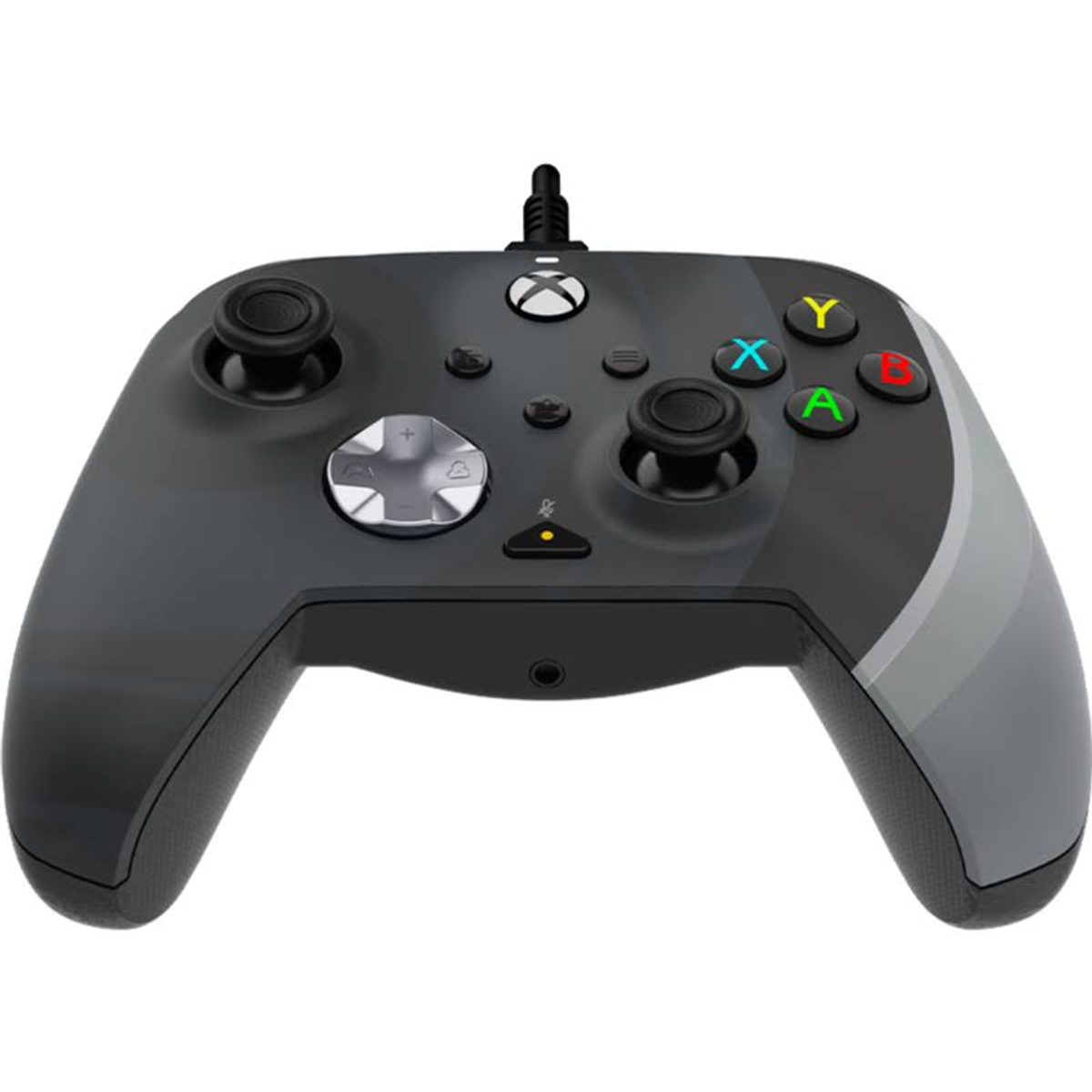 Mando Xbox negro y gris con botones de colores, cable y puerto de micrófono.