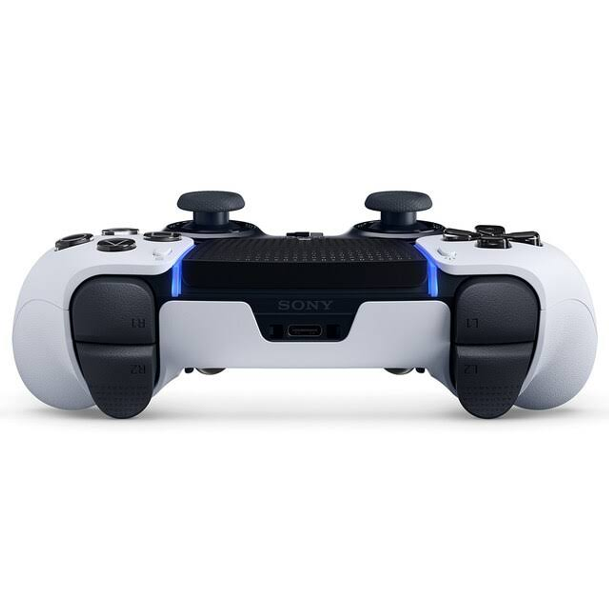 Biały kontroler PlayStation 5 DualSense, z opisanymi przyciskami i ciemną środkową sekcją.