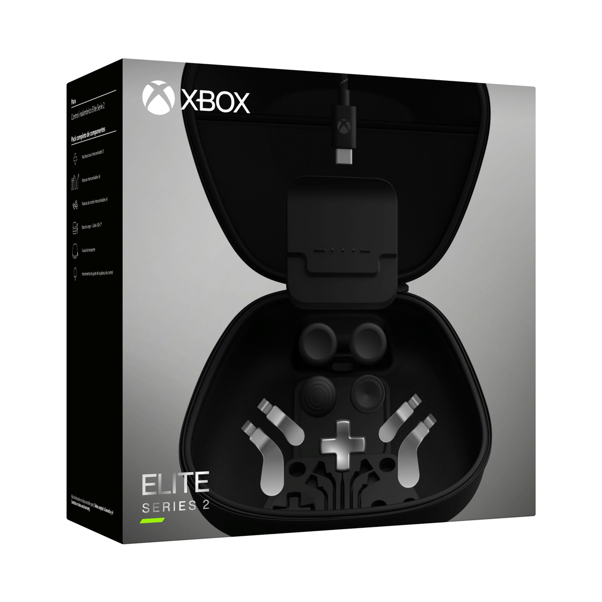 Controlador negro Xbox Elite Series 2 en estuche negro. Accesorios visibles.