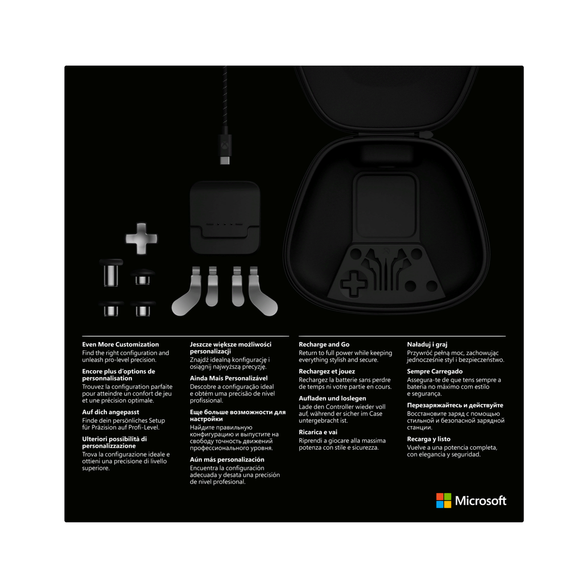 Piezas y estuche del mando Xbox Elite Series 2, con texto sobre personalización.