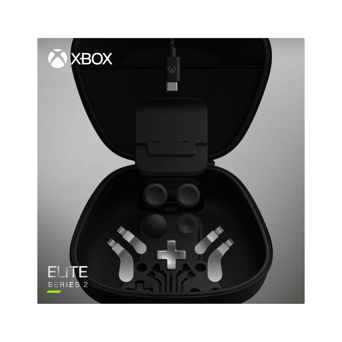 Controlador Xbox Elite Series 2 en su estuche, negro con detalles plateados.