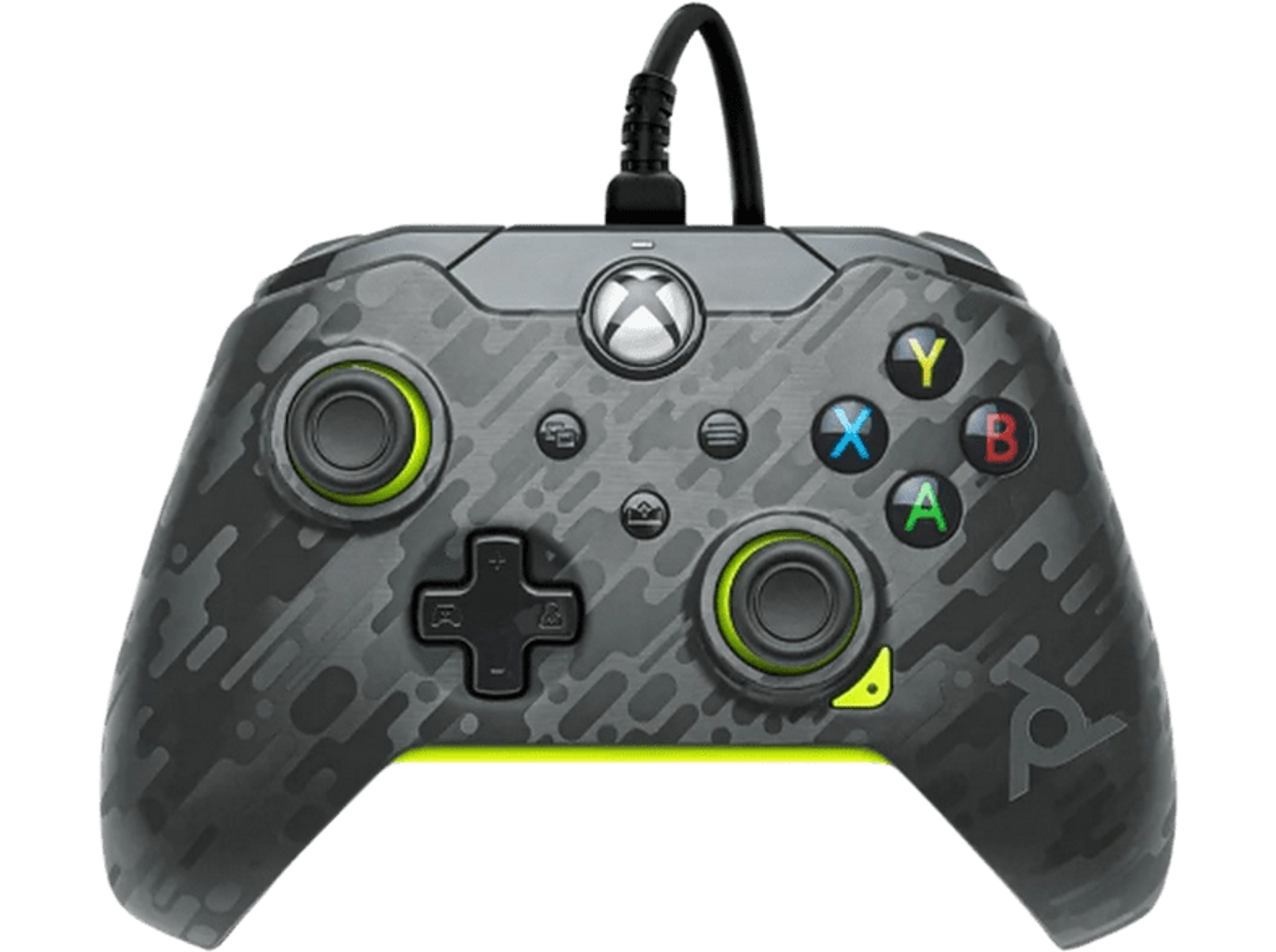 Controlador Xbox negro y gris con botones coloridos y cable.