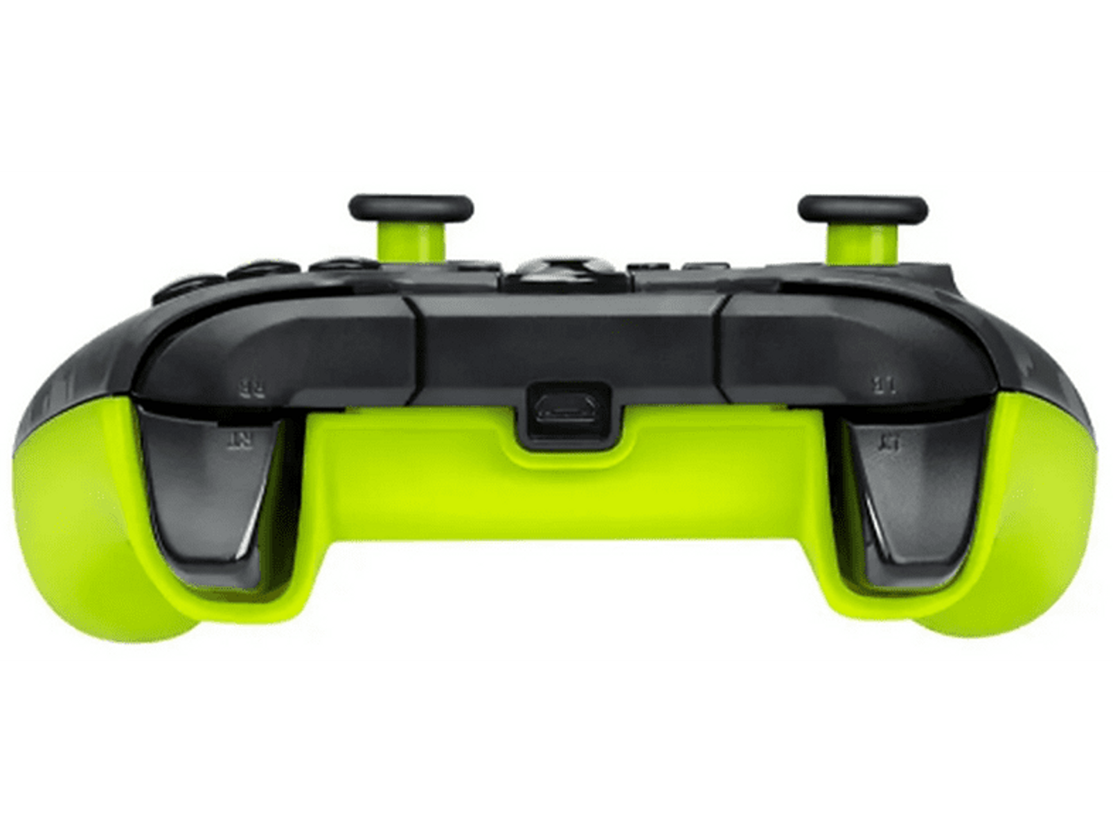 La parte trasera de un mando de juegos verde y negro, con botones y puerto USB.
