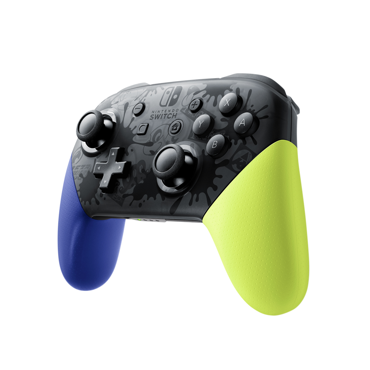 Nintendo Switch Pro Controller mit schwarzem Gehäuse und bunten blau/gelben Griffen.