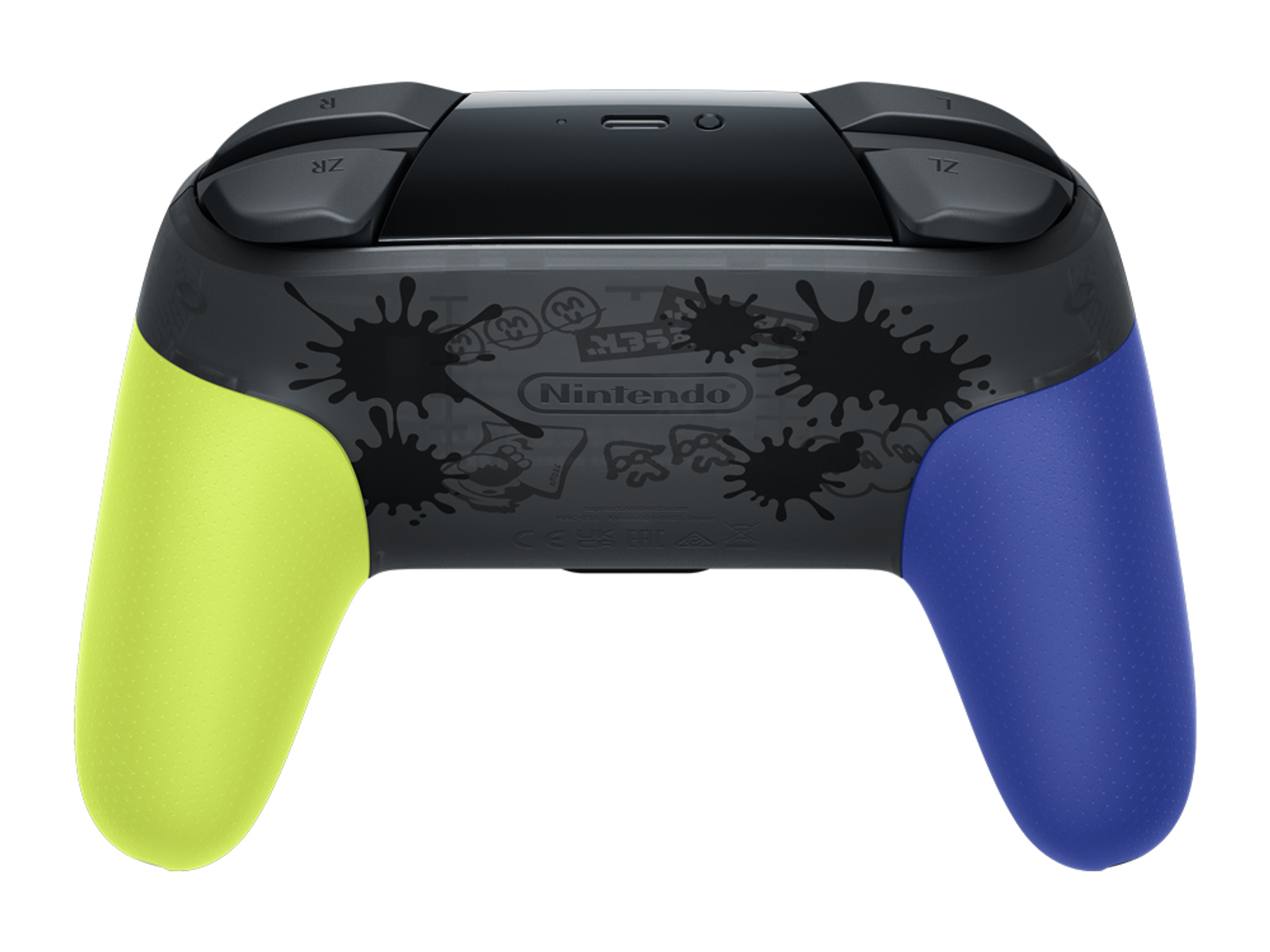 Die Rückseite eines Nintendo Switch-Controllers mit blauen und gelben Griffen. Splatoon-Kunst ist in der Mitte.