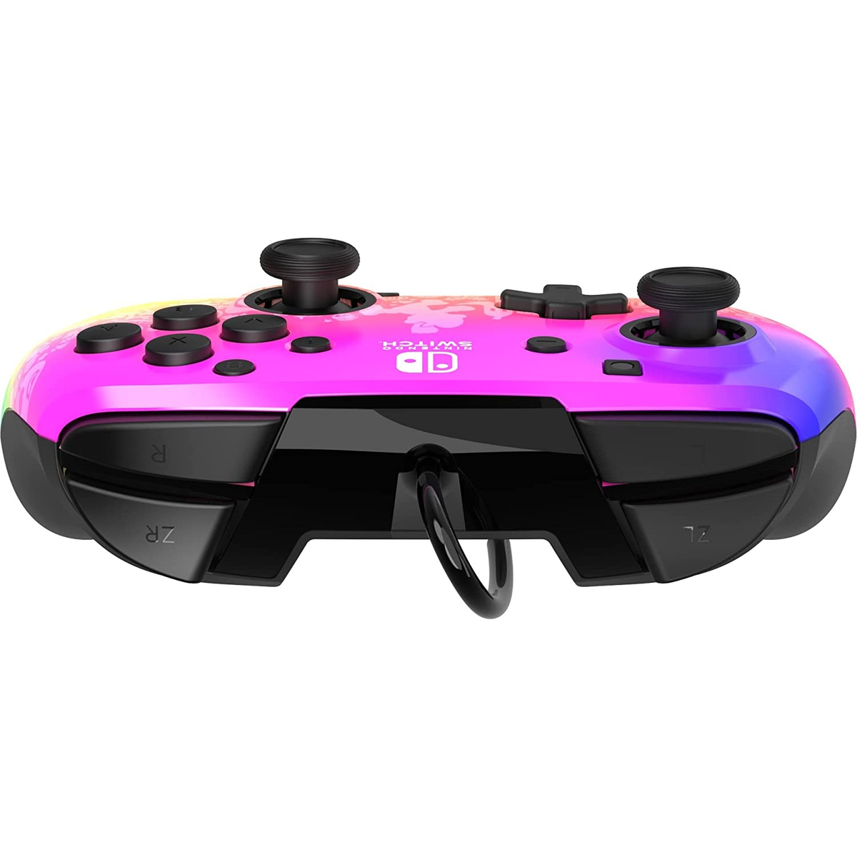 Kontroler Switch o kolorowym designie. Czarne i kolorowe przyciski. Białe tło.