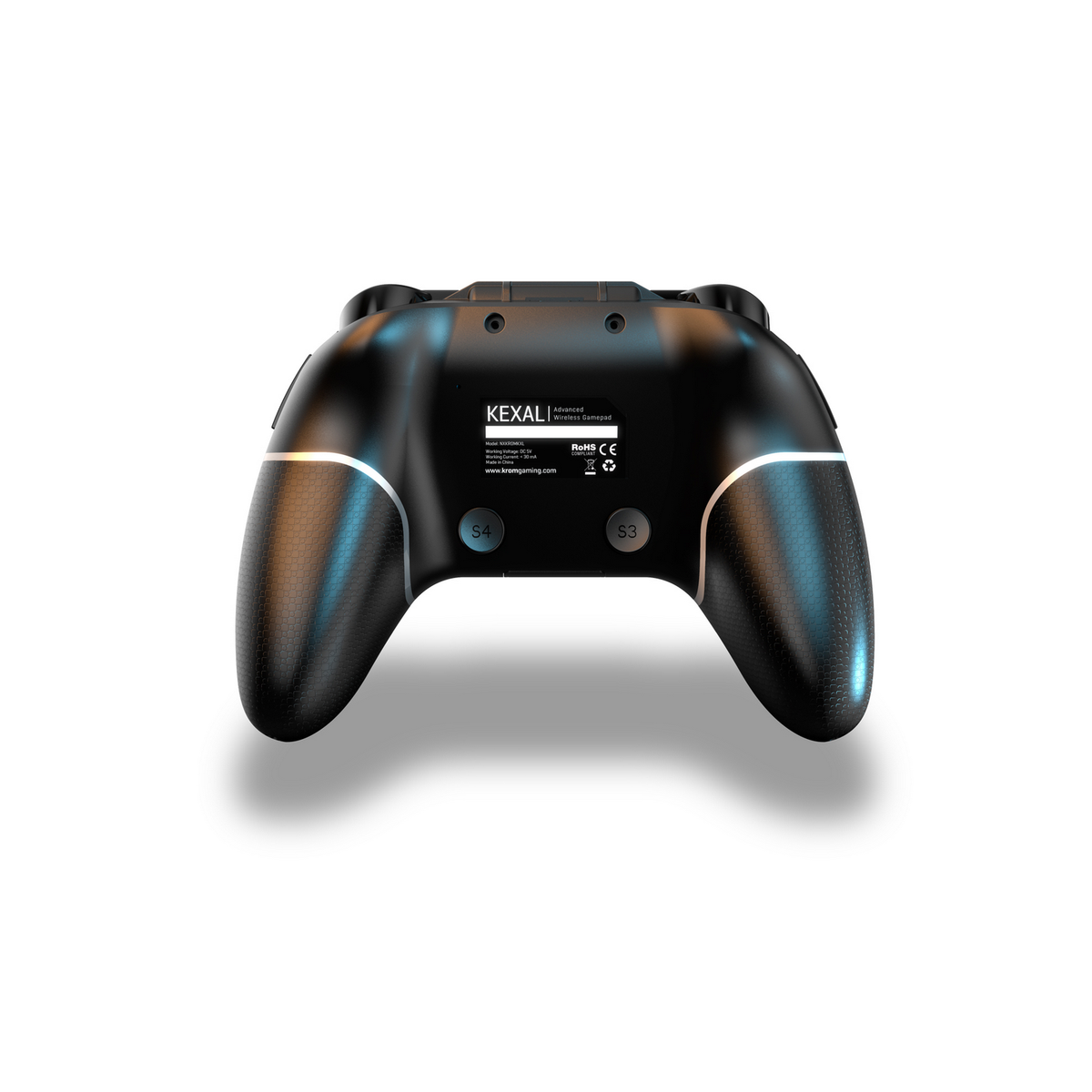Czarny kontroler bezprzewodowy Kexal. Srebrne akcenty u góry. Przyciski S4 i S3.