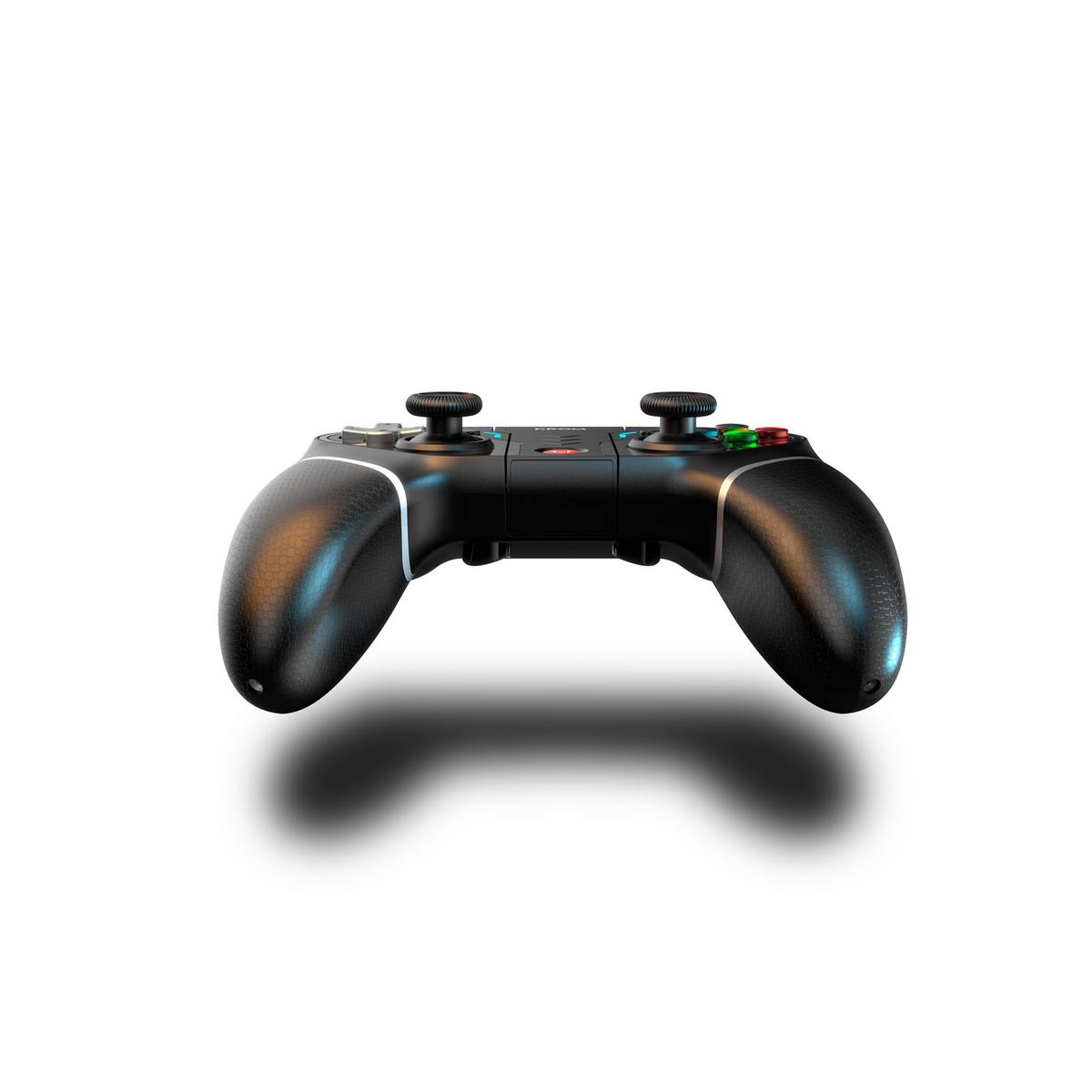 Czarny kontroler do gier na białym tle, z dwoma joystickami i kolorowymi przyciskami.