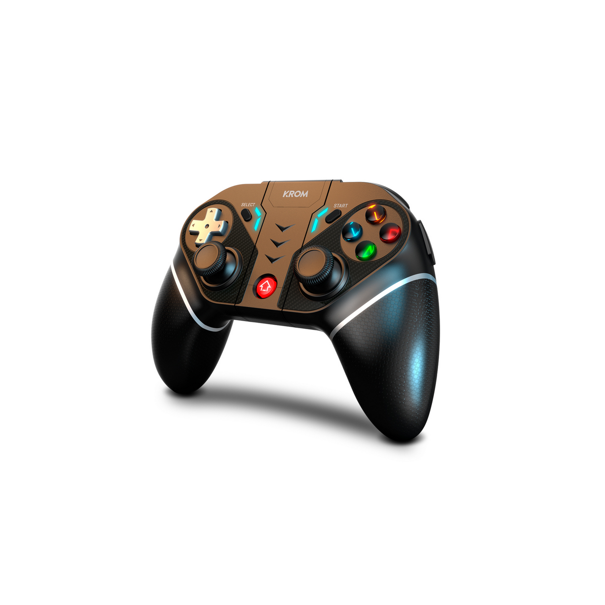 Czarny i brązowy kontroler do gier. Przyciski: wybierz, start, pad kierunkowy i kolorowe przyciski. Logo 'Krom'.
