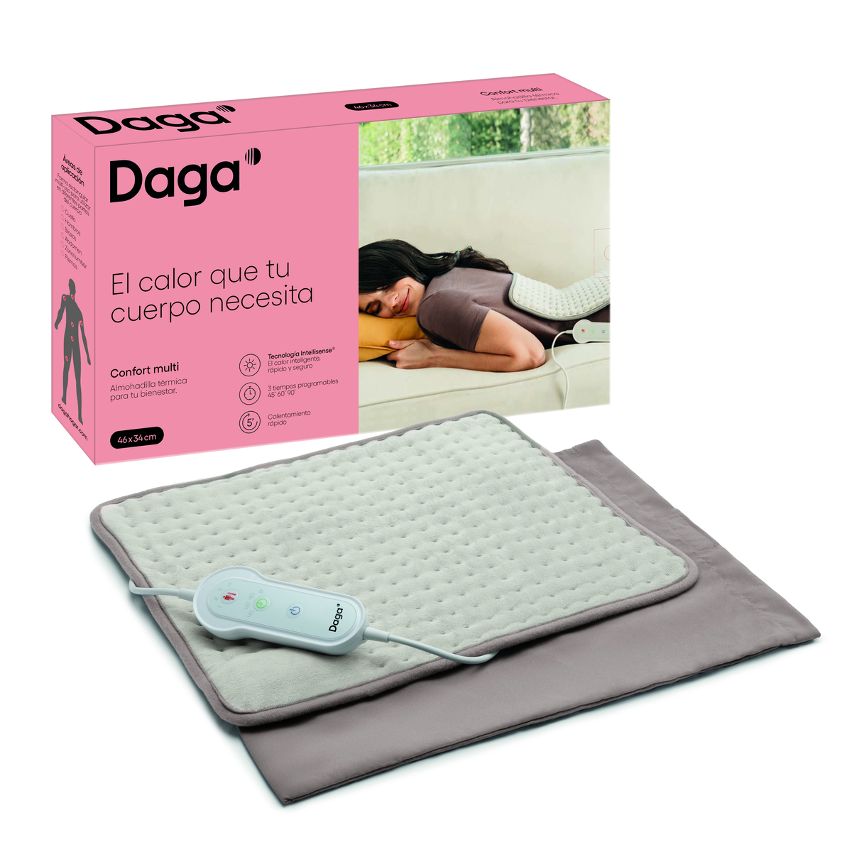 Almohadilla térmica, caja y mujer en un sofá. Confort multi, para las necesidades del cuerpo.