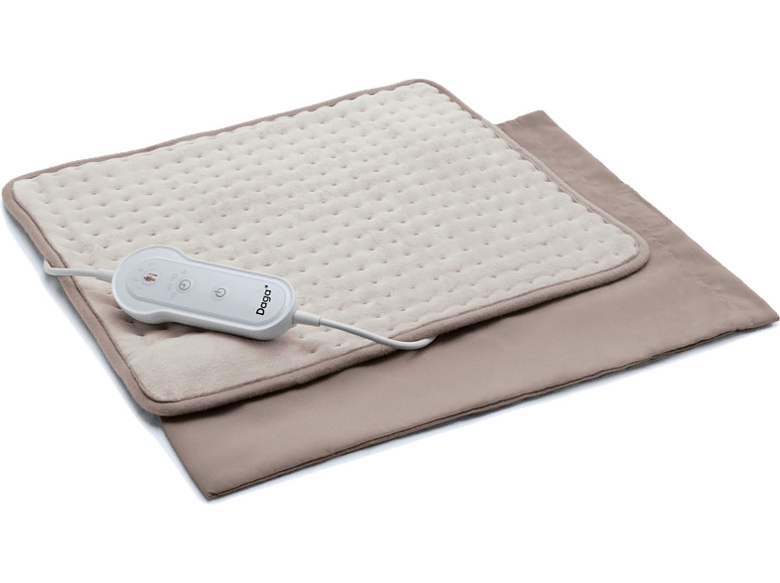 Una almohadilla térmica eléctrica beige con un panel de control y cable blancos. La almohadilla está sobre una superficie taupe.