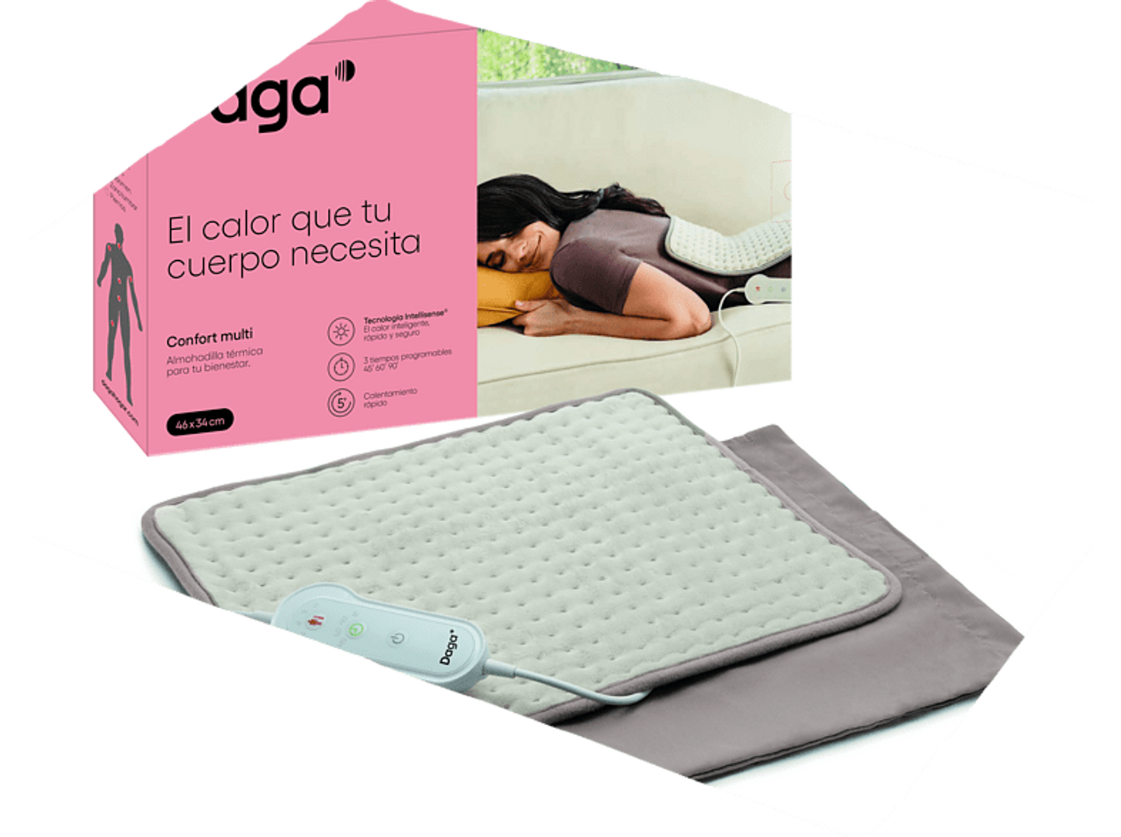 Almohadilla térmica con panel de control y mujer acostada en sofá.