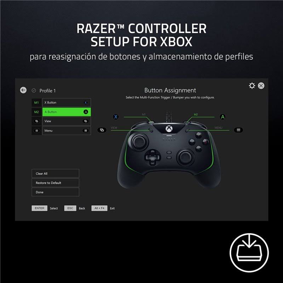 Konfiguracja kontrolera Razer dla Xbox, z interfejsem, przypisaniem przycisków i obrazem kontrolera.