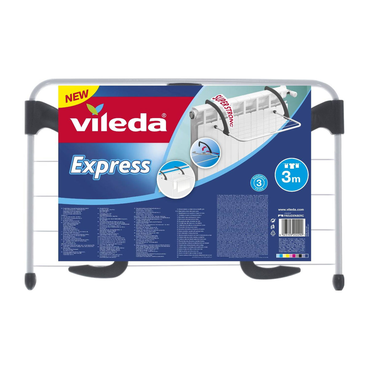 Suszarka do ubrań Vileda Express, biało-czarna, z instrukcją na opakowaniu.