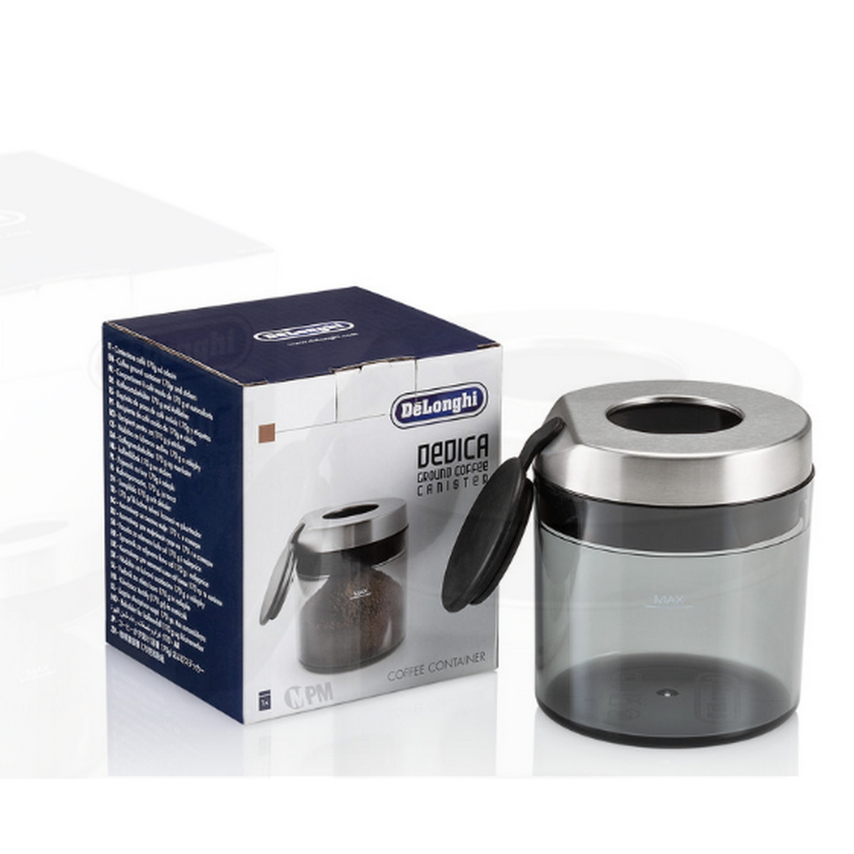 DeLonghi Dedica Kaffeebehälter und -box auf weißer Oberfläche, die den Behälter und den Kaffee zeigen.