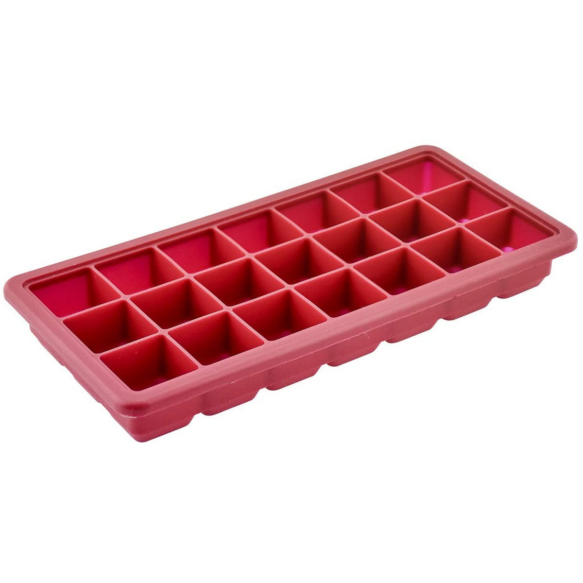 Un vassoio per cubetti di ghiaccio in silicone rosso, contenente 24 singoli stampi quadrati.
