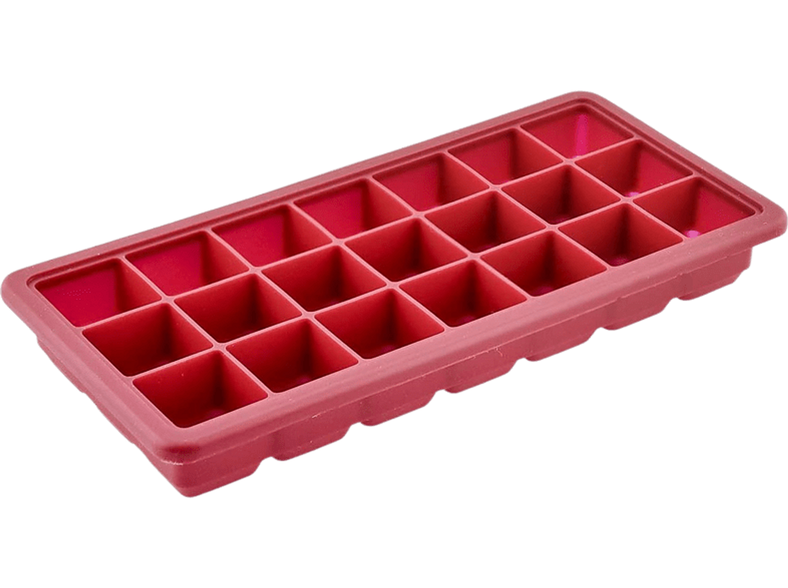 Un vassoio per cubetti di ghiaccio rettangolare rosso con 24 scomparti quadrati.
