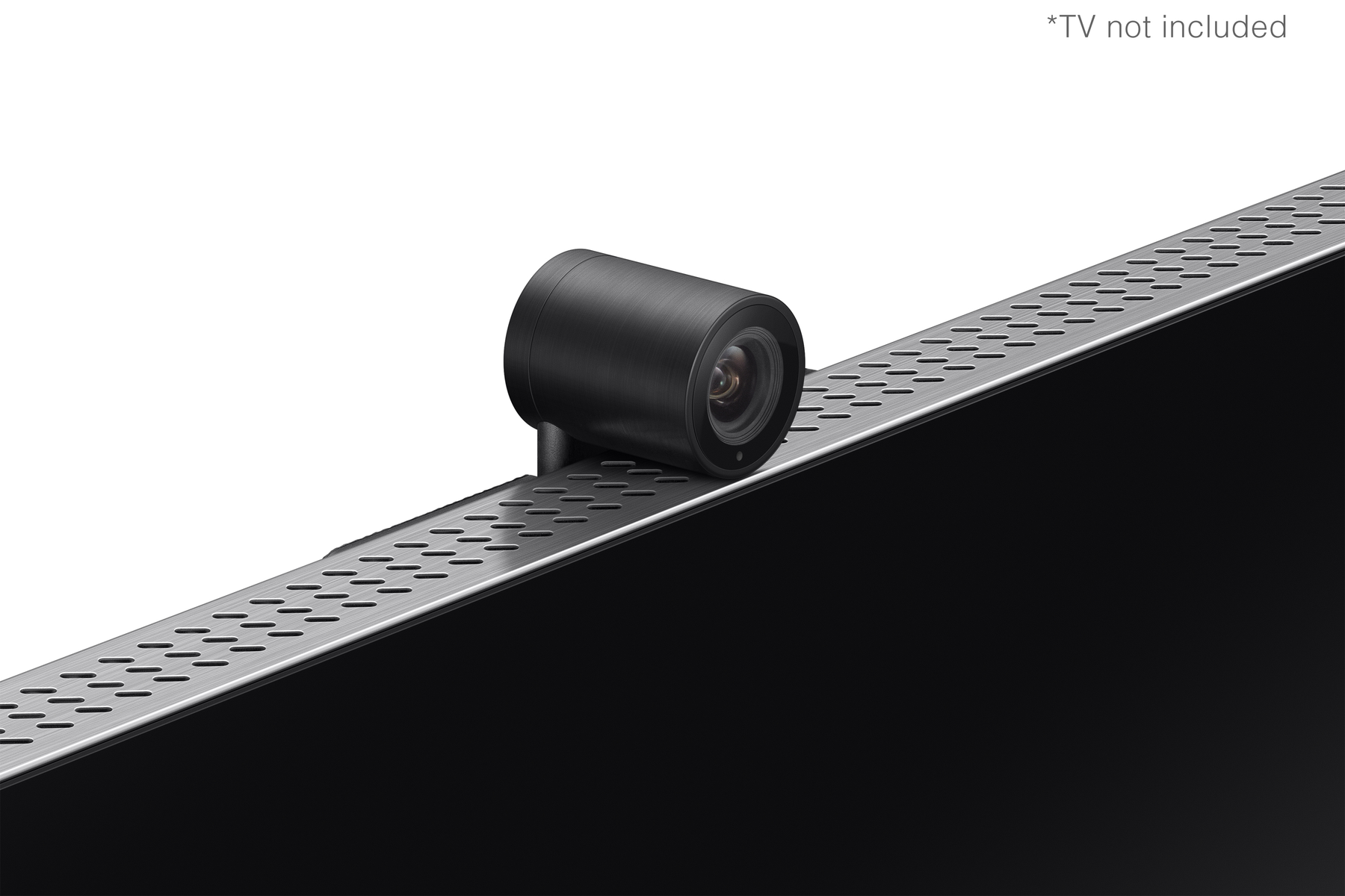 Un dispositivo de cámara negro montado en un marco plateado, probablemente para un televisor.